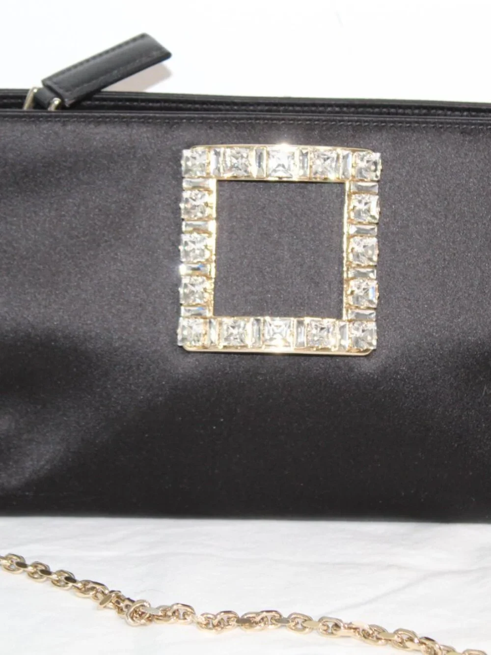 Roger Vivier Black Satin Handbag Clutch Trompette Jeweled Crystal Buckle